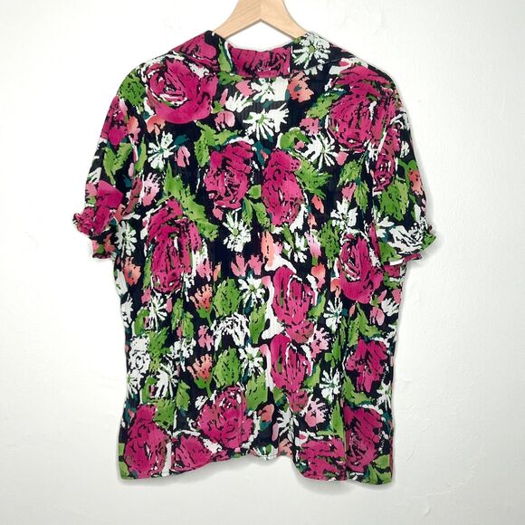 Dressbarn Womens Button Up Top 1X Pink Green Ruffle Office Crinkle Pleated Sheer - Picture 2 of 11